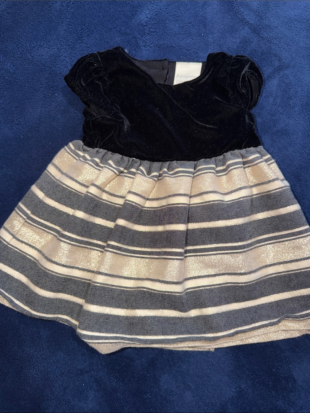 First Impressions | Black & Cream Striped Kids Velvet Dress| 6-9 months